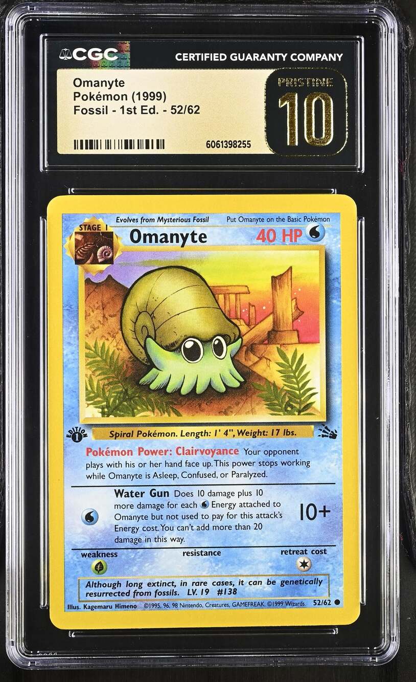 CGC 10 PRISTINE Omanyte 1st Edition 52/62 Pokémon 1999 Fossil Common Graded Card
